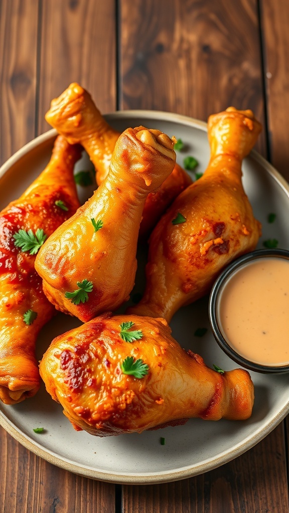 Crispy chicken drumsticks on a plate, garnished with herbs and served with dipping sauce.